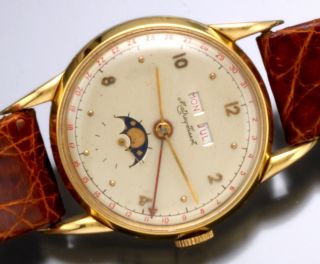  Gold Mathey Tissot Moon Phase Full Calendar Wrist Watch C 1948