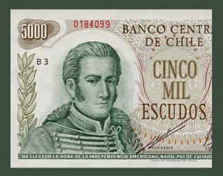 5000 Escudos Banknote of Chile 1967 1976 Jose Miguel Carrera Pick 147