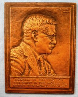 Important 1920 Fraser Bronzed Plaque Theodore Roosevelt Original