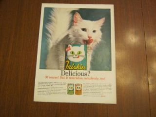 Original Vintage Print Ad Friskies Cat Food Can White Longhair