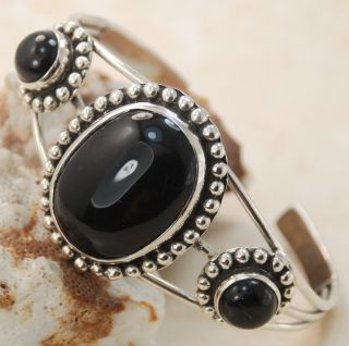 Classic Black Onyx Gemstone Silver Bracelet Cuff C3501
