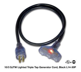 15ft 10 Gauge 30A 125V SJTW Generator Cord L14 30 Plug Lighted 3way