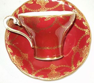 Aynsley POPPY RED GOLD Garlands Tassel Tea cup and saucer Teacup