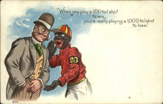 Horse Racing Comic   Black Jockey Gives Tip to White Man c1910
