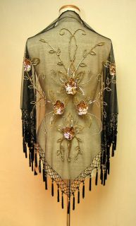 Black Gold Beads Sequins Triangular Georgette Shawl