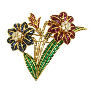  18K Gold 34 88 cts Diamonds Gems Ladies Flower Pin Brooch