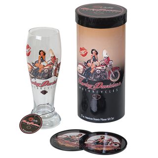Harley Davidson Betty Pilsner Glass 2 Tin Coasters Gift Box Set