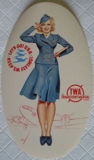  WW II TWA Luggage Label W Saluting Stewardess by George Petty DEC 0113