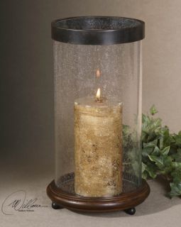 Large Bubbled Glass Hurricane Hickory Wood Candle Holder Bronze Metal