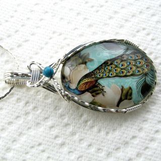 Peacock Glass Cabochon Cameo Pendant Sterling Silver Jewelry Turquoise