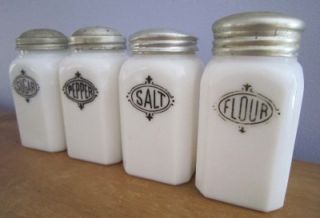 Vintage Hazel Atlas Milk White Glass Shakers Salt Pepper Flour Sugar