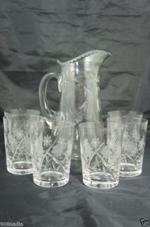 Vintage Cut Glass Pitcher Water Wine 6 Glasses Floral