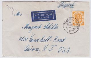 Germany to US 1954 Single franked Airmail Cover with 70 PF Posthorn
