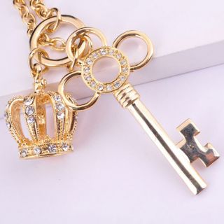 Fashion Gold Color Crown Key Pendant Necklace With Crystals Good For