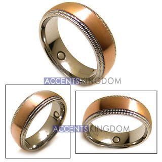 8mm Mens Coffee Gold Titanium Milgrain Magnetic Ring