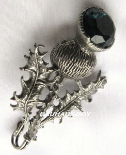 SOLID PEWTER KILT PIN HIGHLAND THISTLE & FAUX SAPHIRE SET STONE by