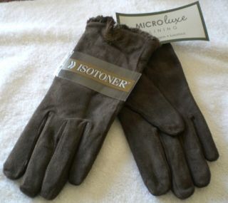 NWT Isotoner Brown Suede Leather Womens Microluxe Lined Gloves Size