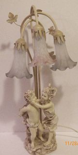 VINTAGE TALL FIGURAL BOY GIRL STATUE LAMP 3 MOLTED TULIP LILY SHADES