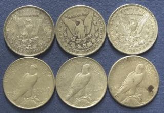6pc Silver Dollar Lot 3 Morgan 3 Peace 90 Pure Silver Coins