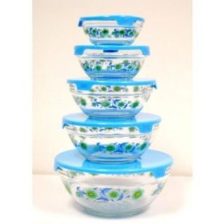 Set of 5 Glass Bowls Blue Floral with Blue Lids