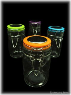 Retro Set of 4 Glass Spice Jar Bottles w Colorful Tops