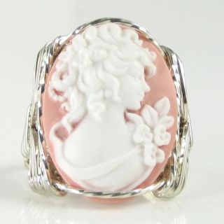Grecian Goddess Floral Pink Cameo Ring Sterling Silver