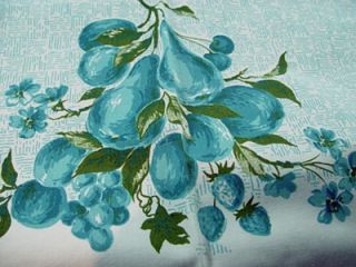 Vintage Kitchen Tablecloth Blue Fruit Apples Pears Grapes