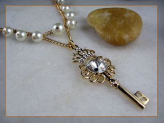 Gold Tone Pearl Crown Crystal Key Charm Fashion Pendant Necklace