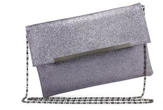 Celebrity Style Silver Glitter Envelope Clutch Diva Grey Purse Bag