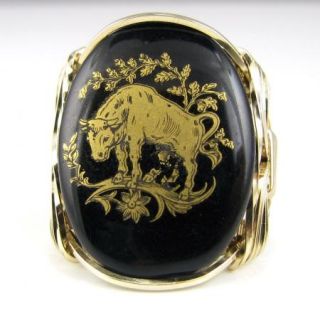 Taurus Zodiac Sign Glass Cameo Ring 14k Rolled Gold The Bull