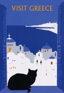 VISIT GREECE Charming Black Cat Large Vintage Travel Poster Repro FREE