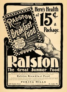 1902 Ad Purina Mill Ralston Breakfast Cereal Checkers   ORIGINAL