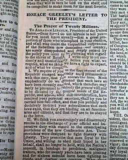 Abraham Lincoln Horace Greeley Letter 1862 CW Newspaper