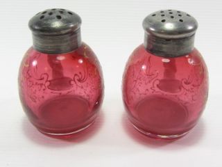 Antique C 1910 20 Cranberry Mary Gregory Salt Pepper Shakers Beautiful
