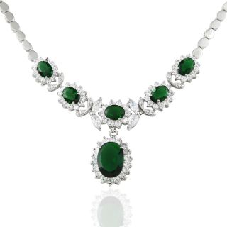 Oval Cut Green Emerald White Gold Plated Pendant Necklace Silver Tone