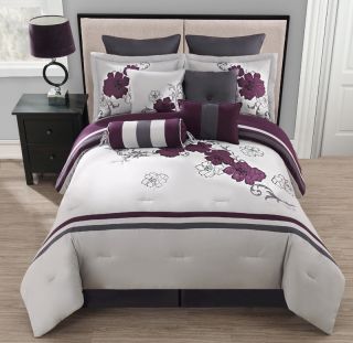 10 Piece King Poppy Purple and Gray Comforter Set