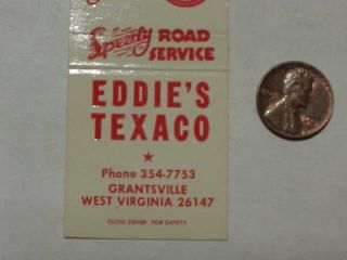 1960s Era Grantsville West Virginia Eddies Texaco Sky Chief Matchbook