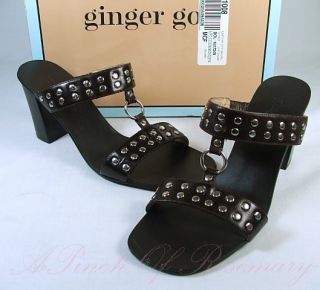 Ginger Goff Alassio Studded Leather T Strap Sandal Shoes Dark Brown 6