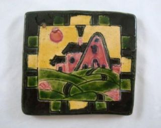 1929 ceramic pottery tile art cottage grassy knoll signed isnu mc