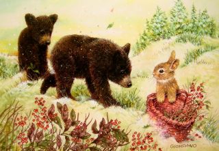 Greg Giordano Bunny Rabbit Black Bear Cubs Tree Basket Christmas