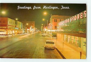 4935 TX Greetings From Harlingen, Texas Cars Shops Coca Cola c1950 60s