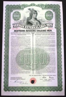 1924 German External Loan $1000 Gold Bond Dawes