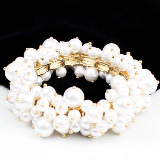  Pearl Cluster Stretch Gold Vtg Style Women Bangle Bracelet