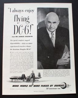 1950 Samuel Goldwyn MGM Douglas DC 6 Airplane Vintage Travel Print Ad