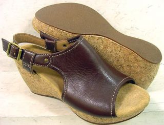 Clarks Elements Womens Harwich Helm Brown Leather Wedge Sandals Shoes
