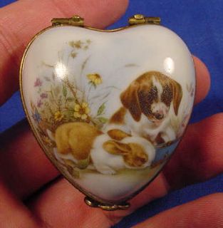 Vintage Limoges Heart Shaped Trinket Box Puppy Valentines Day