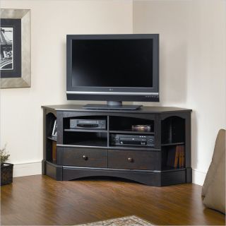 sauder harbor view corner tv stand in antiqued black 368179 features