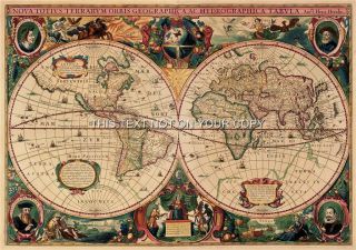 Hendrik Hondius Old Vintage Colour Antique World Wall 2 Map