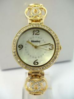 New Ladies Henley Diamante Watch Pearly Dial Gold Tone Band Gift H642