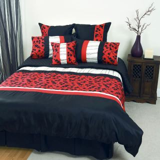 Haruki Blossoms Faux Silk Red Black King Size Quilt DOONA Cover Set